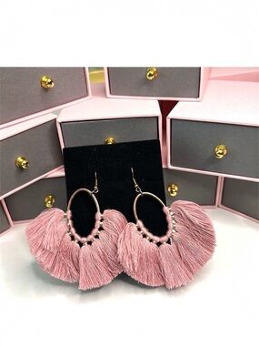 Handmade Blush Pink Tassel Hoop Earrings Boho Statement